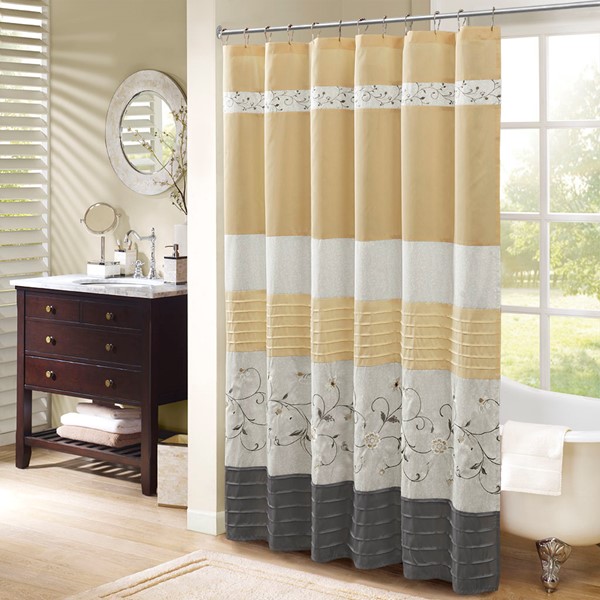 Madison Park Serene Faux Silk Embroidered Floral Shower Curtain in Yellow, 72x72" MP70-4863