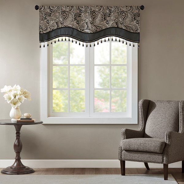 Madison Park Aubrey Jacquard Window Rod Pocket Valance With Beads in Black, 50x18" MP41-4989