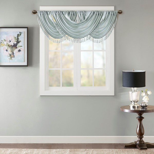 Madison Park Elena Faux Silk Waterfall Embellished Valance in Dusty Aqua, 38x46" MP41-4961