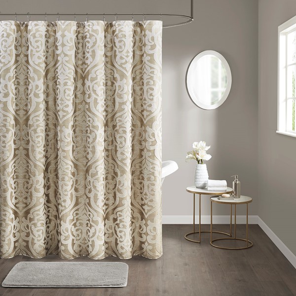 Madison Park Odette Jacquard Shower Curtain in Tan/Ivory, 72x72" MP70-8084