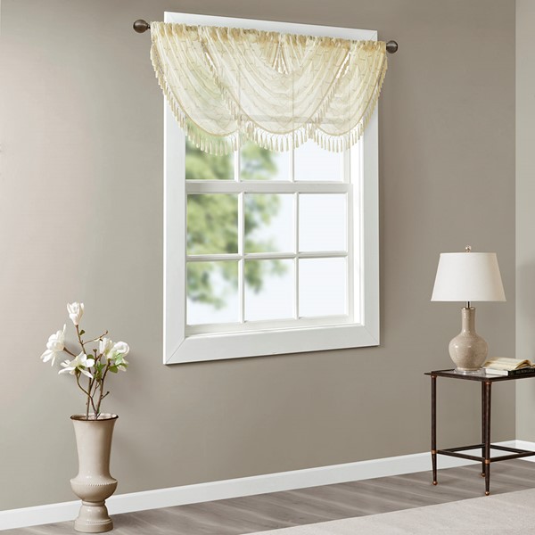 Madison Park Irina Diamond Sheer Embroidered Waterfall Valance in Ivory, 38x46" MP41-4937