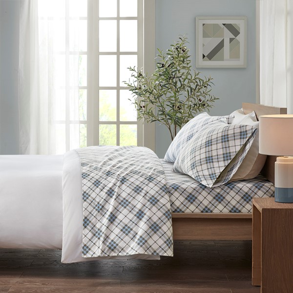 True North by Sleep Philosophy Cozy Cotton Flannel Printed Sheet Set in Blue Plaid, Full TN20-0082