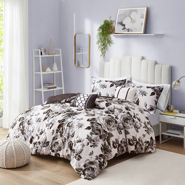 Intelligent Design Dorsey Floral Print Duvet Cover Set in Black/White, Full/Queen ID12-1593