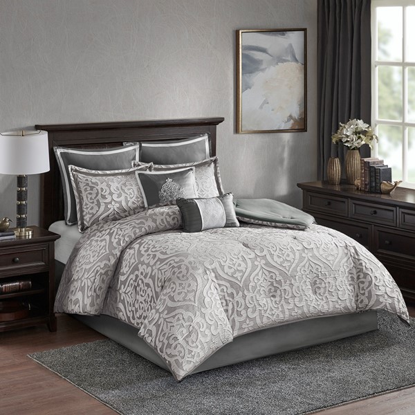 Madison Park Odette 8 Piece Jacquard Comforter Set in Silver/Silver, Queen MP10-5885