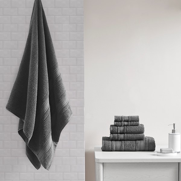 Madison Park Essentials Adrien Super Soft Cotton Quick Dry Bath Towel 6 Piece Set in Dark Gray, 6-Piece MPE73-665