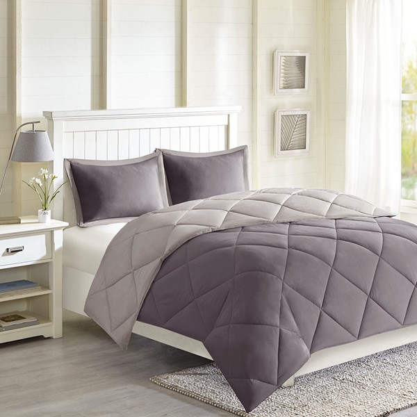 Madison Park Essentials Larkspur 3M Scotchgard Reversible Down Alt Comforter Set in Charcoal/Grey, Twin/Twin XL MPE10-614