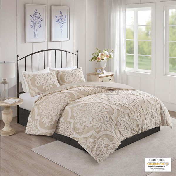 Madison Park Viola 3 Piece Tufted Cotton Chenille Damask Comforter Set in Taupe, King/Cal King MP10-7103