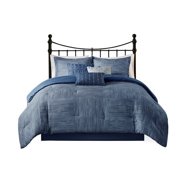 Madison Park Walter 7 Piece Printed Seersucker Comforter Set in Navy, Queen MP10-7129