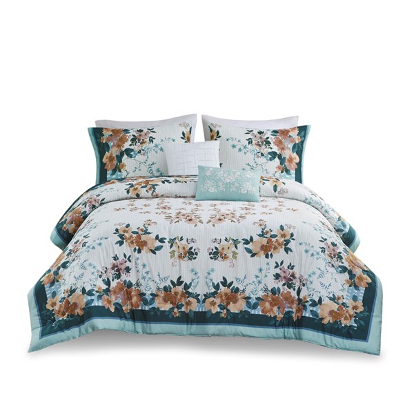 Madison Park Jules 5 Piece Cotton Floral Comforter Set with Throw Pillows in Teal, King/Cal King MP10-8208