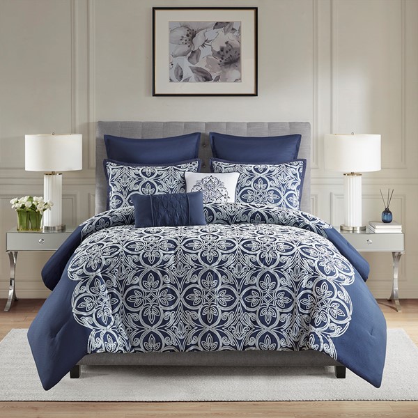 Madison Park Rana 7 Piece Flocking Comforter Set with Euro Shams and Throw Pillows in Navy, Full/Queen MP10-8209