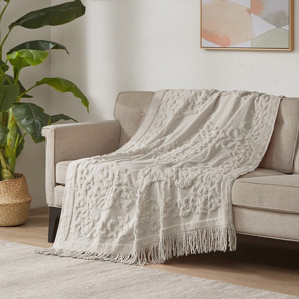 Madison Park Chloe 100% Cotton Tufted Chenille Lightweight Throw With Fringe Tassel in Grey, 50x60" MP50N-5512