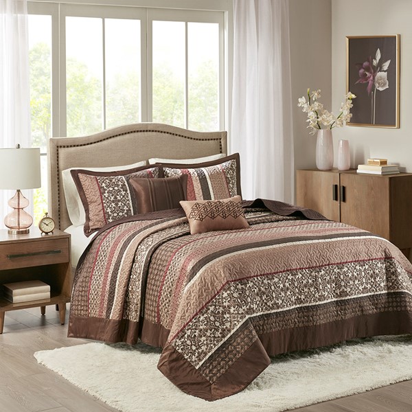 Madison Park Princeton 5 Piece Reversible Jacquard Bedspread Set in Red, King MP13-4341