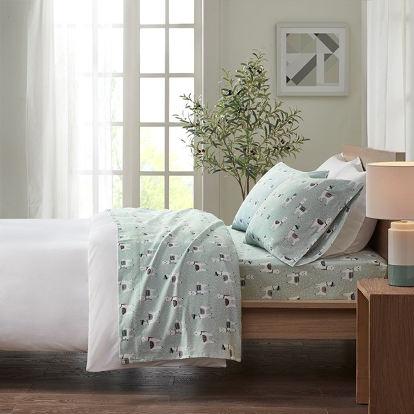 True North by Sleep Philosophy Cozy Cotton Flannel Printed Sheet Set in Seafoam Llama, Twin TN20-0405