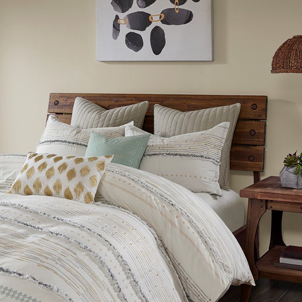 INK+IVY Nea Cotton Printed Comforter Set with Trims in Off White/Gray, Full/Queen II10-1056