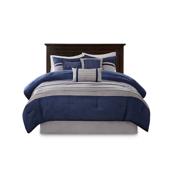 Madison Park Palmer 7 Piece Pieced Faux Suede Comforter Set in Blue, King MP10-2264