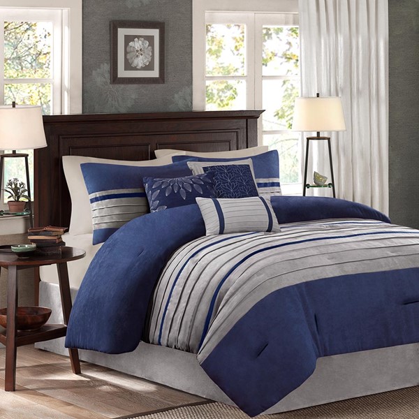 Madison Park Palmer 7 Piece Pieced Faux Suede Comforter Set in Blue, King MP10-2264