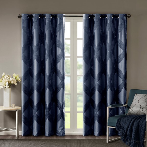 SunSmart Bentley Ogee Knitted Jacquard Total Blackout Curtain Panel in Navy, 50x95" SS40-0146