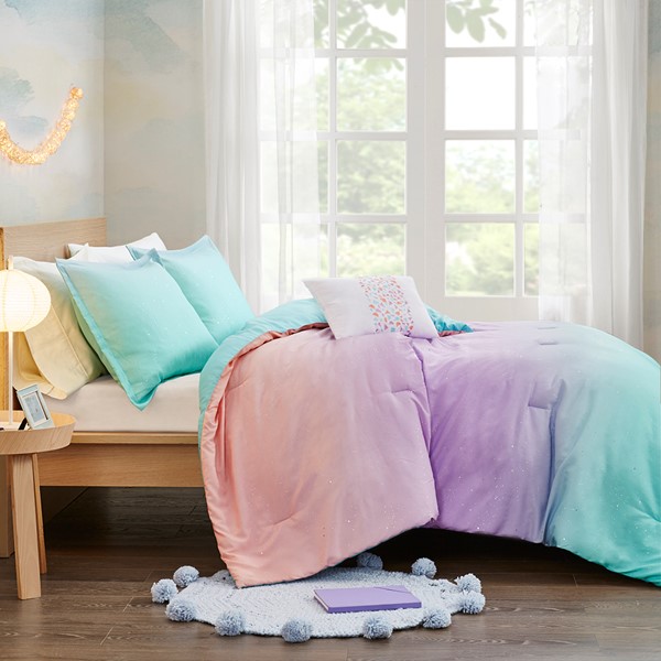 Mi Zone Glimmer Metallic Glitter Printed Reversible Comforter Set in Aqua, Full/Queen MZ10-0596