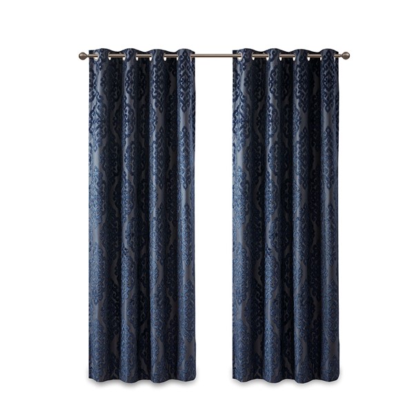 SunSmart Mirage Knitted Jacquard Damask Total Blackout Grommet Top Curtain Panel in Navy, 50x108" SS40-0103