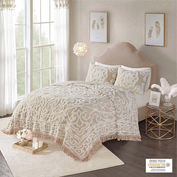 Madison Park Laetitia Tufted Cotton Chenille Medallion Fringe Coverlet Mini Set in Taupe, King/Cal King MP13-7119