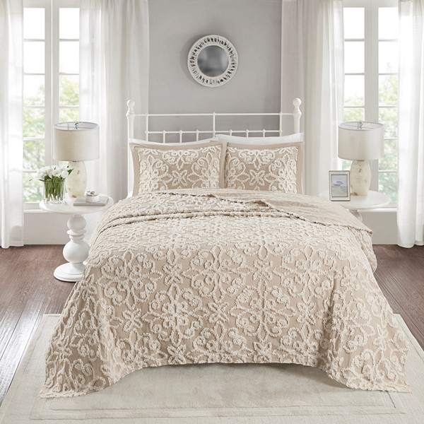 Madison Park Sabrina 3 Piece Tufted Cotton Chenille Bedspread Set in Taupe, Full/Queen MP13-7124