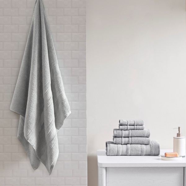 Madison Park Essentials Adrien Super Soft Cotton Quick Dry Bath Towel 6 Piece Set in Silver, 6-Piece MPE73-662