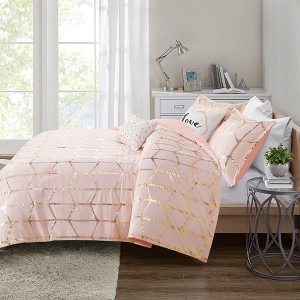 Intelligent Design Raina Metallic Printed Comforter Set in Blush/Gold, Full/Queen ID10-1247