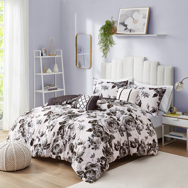 Intelligent Design Dorsey Floral Print Comforter Set in Black/White, King/Cal King ID10-1966