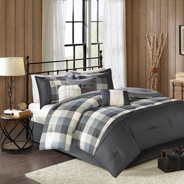 Madison Park Ridge 7 Piece Herringbone Comforter Set in Grey, Queen MP10-4676