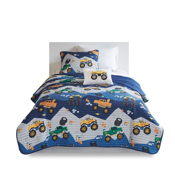 Mi Zone Kids Nash Monster Truck Reversible Quilt Set with Throw Pillow in Blue, Full/Queen MZK13-167