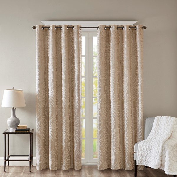 SunSmart Mirage Knitted Jacquard Damask Total Blackout Grommet Top Curtain Panel in Champagne, 50x84" SS40-0013