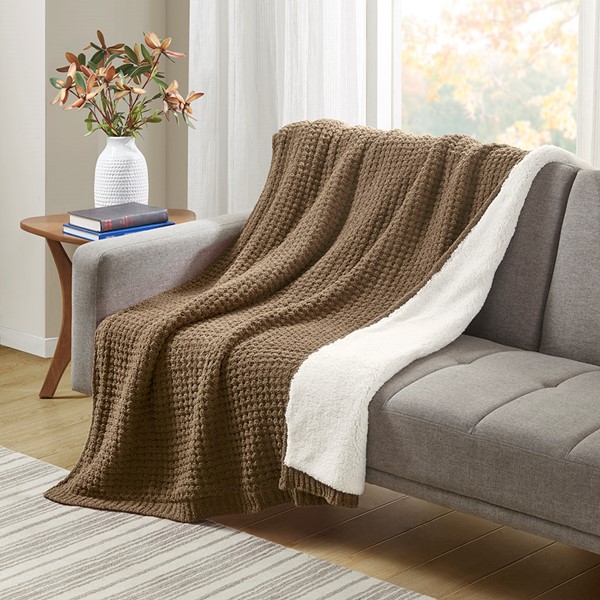 Madison Park Rowan Waffle Knit Chenille Throw in Brown, 50x60" MP50-8272