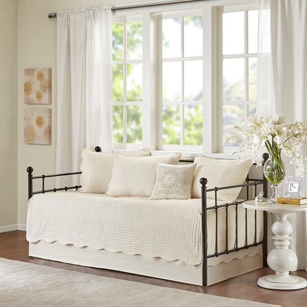 Madison Park Tuscany 6 Piece Reversible Scalloped Edge Daybed Cover Set in Cream, Daybed MP13-5024