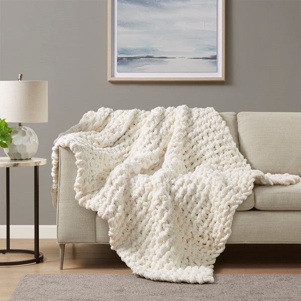 Madison Park Chenille Chunky Knit Throw in Ivory, 50x60" MP50-7673