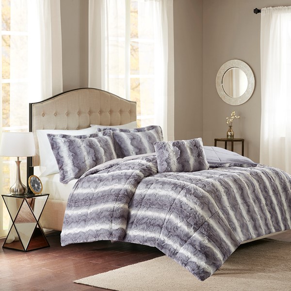 Madison Park Zuri Faux Fur Comforter Set in Grey, Full/Queen MP10-3076