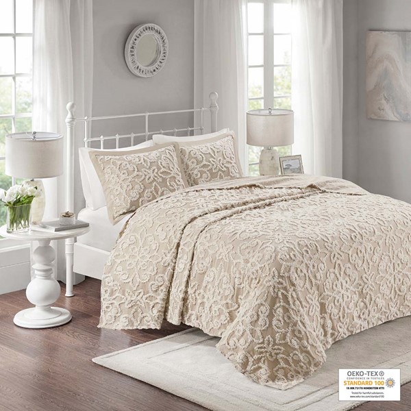 Madison Park Sabrina 3 Piece Tufted Cotton Chenille Bedspread Set in Taupe, Full/Queen MP13-7124