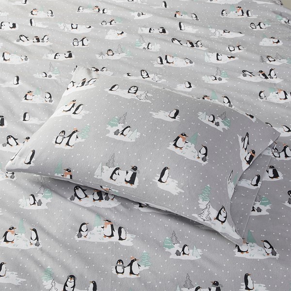 True North by Sleep Philosophy Cozy Cotton Flannel Printed Sheet Set in Grey Penguins, Twin TN20-0365