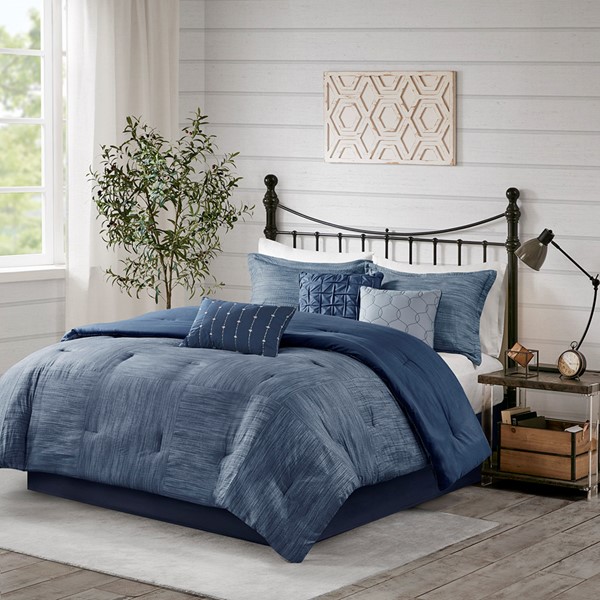 Madison Park Walter 7 Piece Printed Seersucker Comforter Set in Navy, Queen MP10-7129