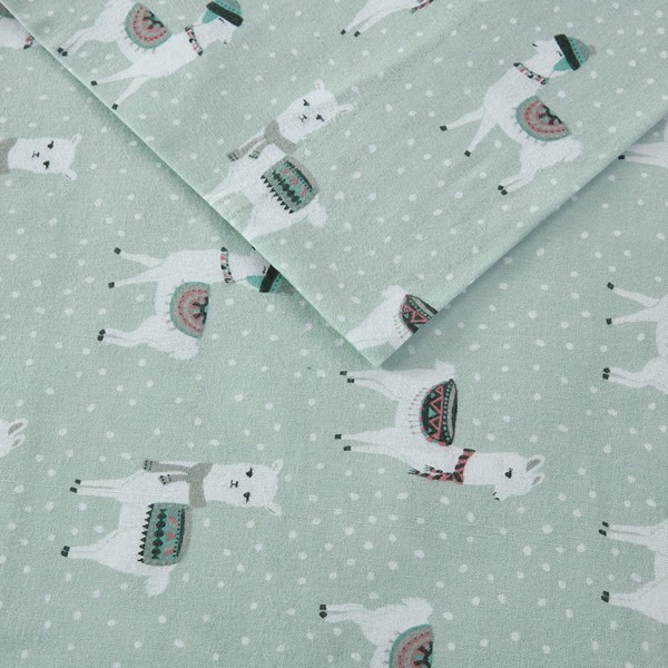 True North by Sleep Philosophy Cozy Cotton Flannel Printed Sheet Set in Seafoam Llama, Twin TN20-0405