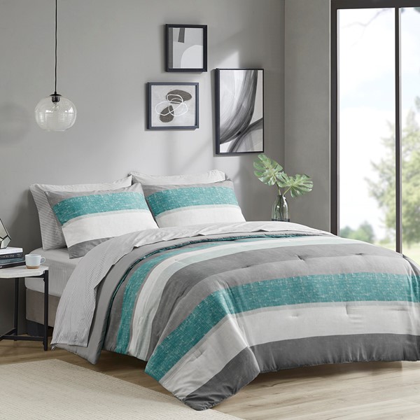 Madison Park Essentials Jaxon Stripe Comforter Set with Bed Sheets in Aqua/Grey, Full MPE10-1032