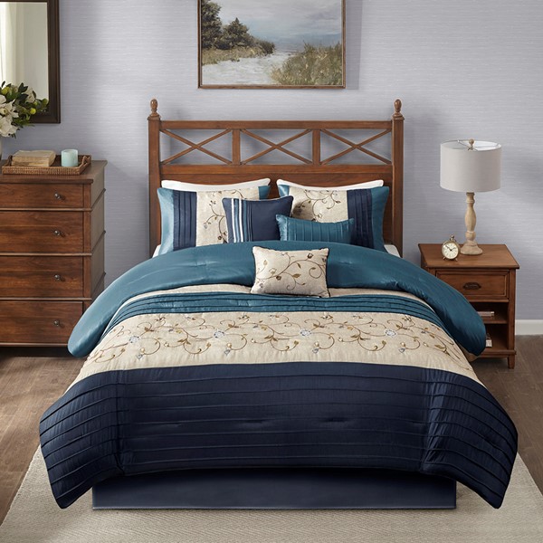 Madison Park Serene Embroidered 7 Piece Comforter Set in Navy, King MP10-3450