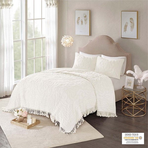 Madison Park Laetitia Tufted Cotton Chenille Medallion Fringe Coverlet Mini Set in Off-White, Twin/Twin XL MP13-6840