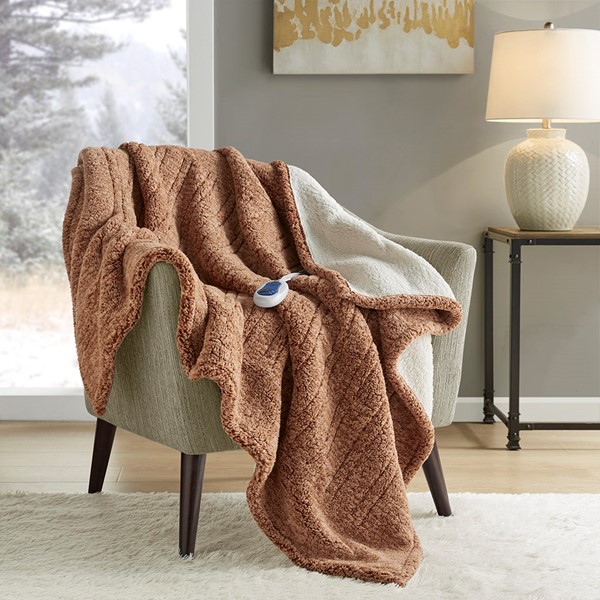 True North by Sleep Philosophy Marbled Sherpa Heated Throw in Brown, 50x60" TN54-0507