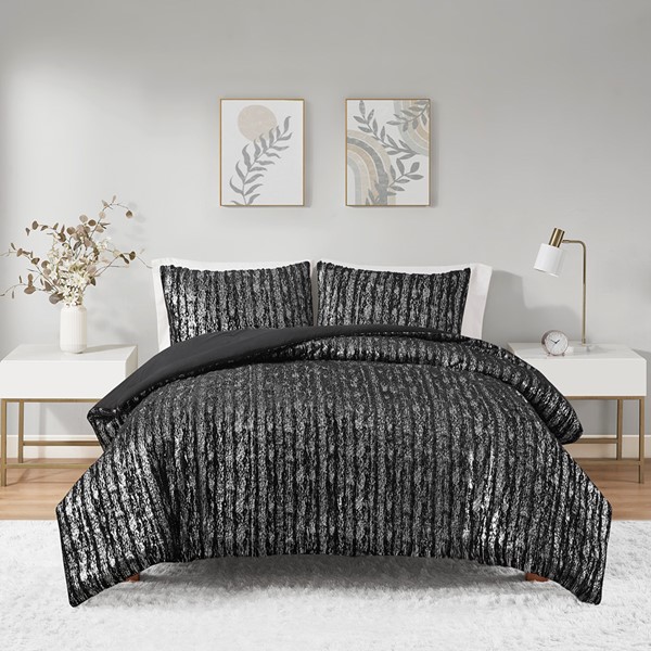 Intelligent Design Naomi Metallic Print Faux Fur Comforter Set in Black/Silver, Twin/Twin XL ID10-2237