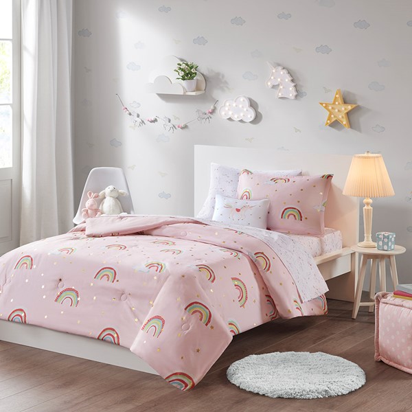 Mi Zone Kids Alicia Rainbow and Metallic Stars Comforter Set with Bed Sheets in Pink, Full MZK10-171