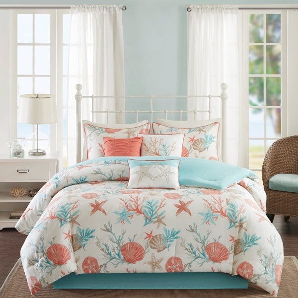 Madison Park Pebble Beach 7 Piece Cotton Sateen Comforter Set in Coral, Cal King MP10-2706