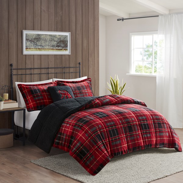 Woolrich Alton Plush to Sherpa Down Alternative Comforter Set in Red Plaid, Full/Queen WR10-3102