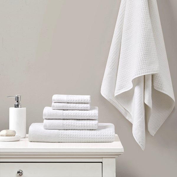 Madison Park Spa Waffle Cotton Jacquard Antimicrobial Bath Towel 6 Piece Set in White, 6-Piece MP73-5974