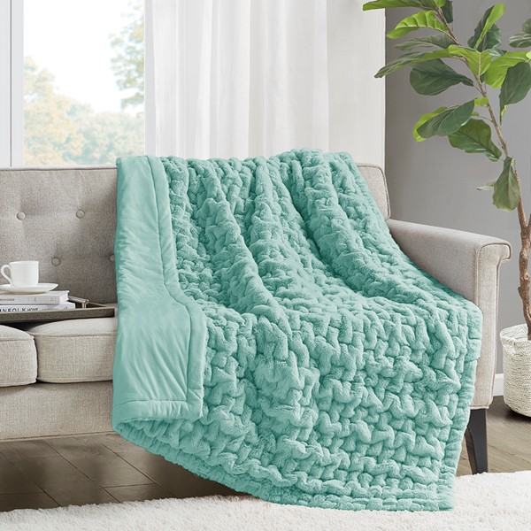 Madison Park Ruched Fur Throw in Aqua, 50x60" MP50-4877