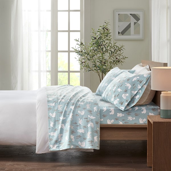 True North by Sleep Philosophy Cozy Cotton Flannel Printed Sheet Set in Blue Polar Bears, Twin TN20-0263